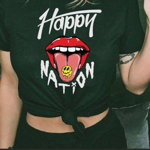Women's Black Happy Nation Psychedelic Short Sleeve Graphic Tee (T-Shirt)